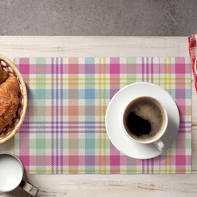 Easter Checkered Placemats Set of 4 Spring Colorful Buffalo Plaid Decor Place Mats 12x18 Inch Gingham Holiday Linen Table Mats for Home Kitchen Dining Party Table Decoration