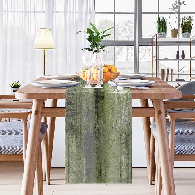 Emvency Farmhouse Table Runner, Vintage Olive Green and Grey Abstract Art Painting for Kitchen Coffee Table Family Dinners Holiday Parties Wedding Events Decor(13x90 inch)