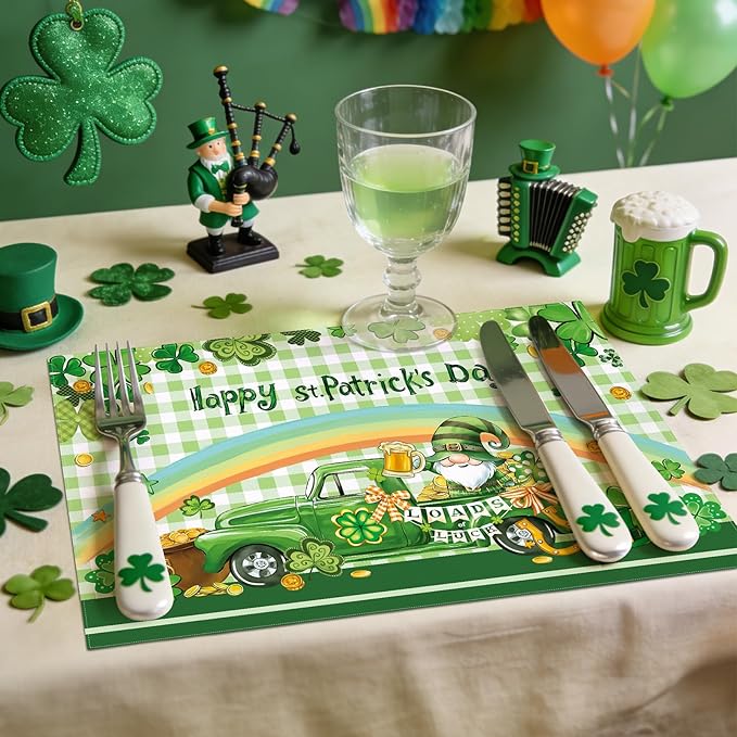 comfoyar St. Patrick's Day Placemats Set of 4, 12x18 Inch Non-Slip Linen Shamrock Lucky Clover Place Mats, Washable Absorbent Gnome Truck Coins Table Mats for Kitchen Dining Party Table Decoration