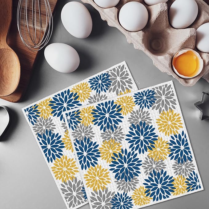 Artoid Mode Dark Blue Dahlia Floral Kitchen Dish Cloths, 12x12 Inch Quick Dry Microfiber Dishcloths for Kitchen Premium Dish Rags Set of 2