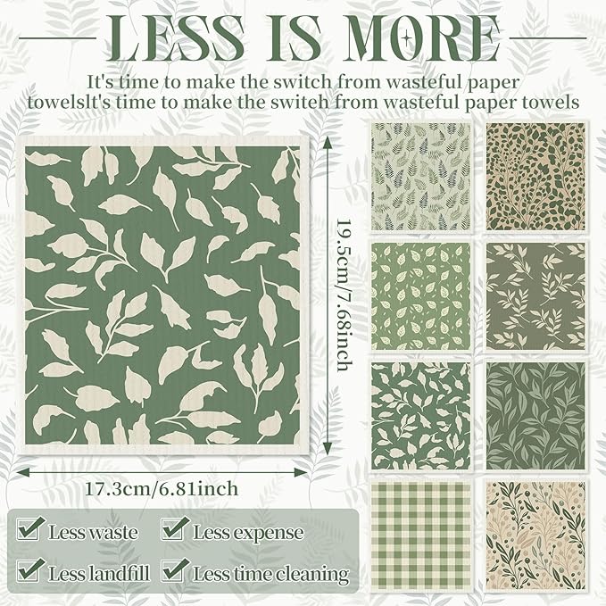Tegeme 8 Pcs Sage Green Swedish Dishcloth Kitchen Spring Greenery Flowers Swedish Dish Towel Absorbent Cotton Reusable Kitchen Towels for Home Party Housewarming Cleaning Counter Wipes, 6.8 x 7.7''