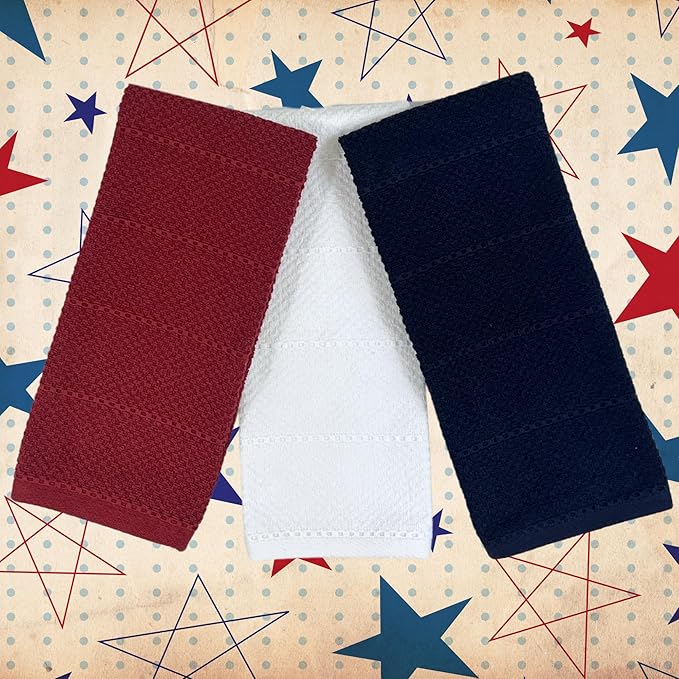 Patriotic Red White Navy Blue Kitchen Hand Dish Towels Oversized 28"x18" Nautical 100% Cotton Cloth Soft Cleaning Drying Absorbent Textured Design 3 Pc Multipurpose for Everyday Use Summer 4th of July