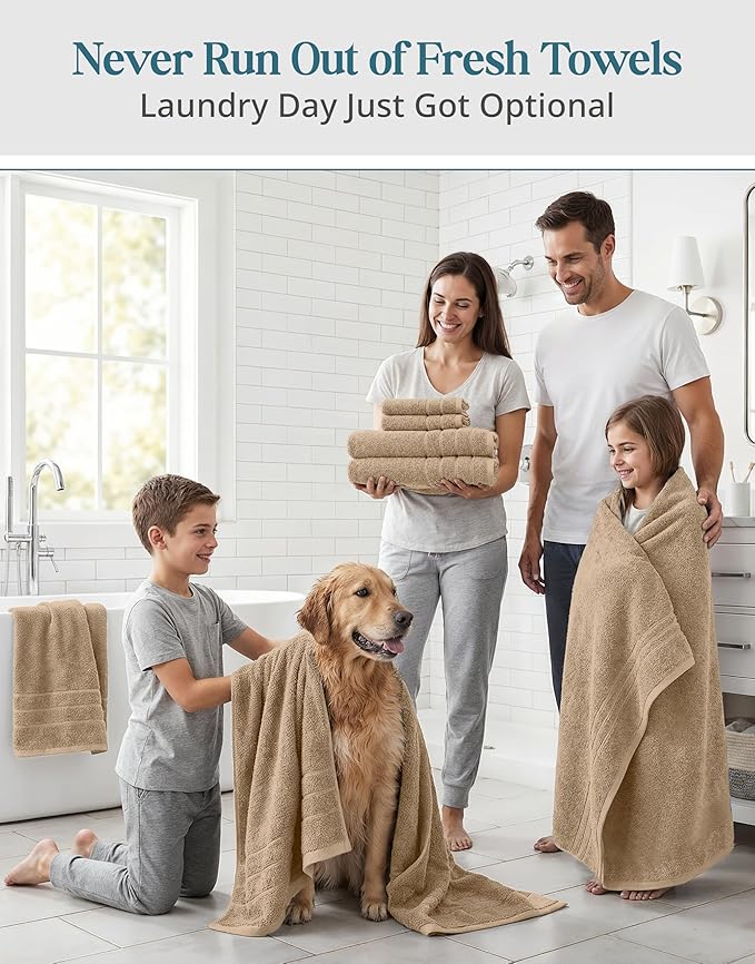 Casa Platino 12 Pcs Premium Cotton Towel Set - Soft, Absorbent & Perfect Family Set - 4 Bath, 4 Washcloths, 4 Hand Towels for Bathroom - Ideal for Home, Spa & Gym - Quality You Can Trust - Beige