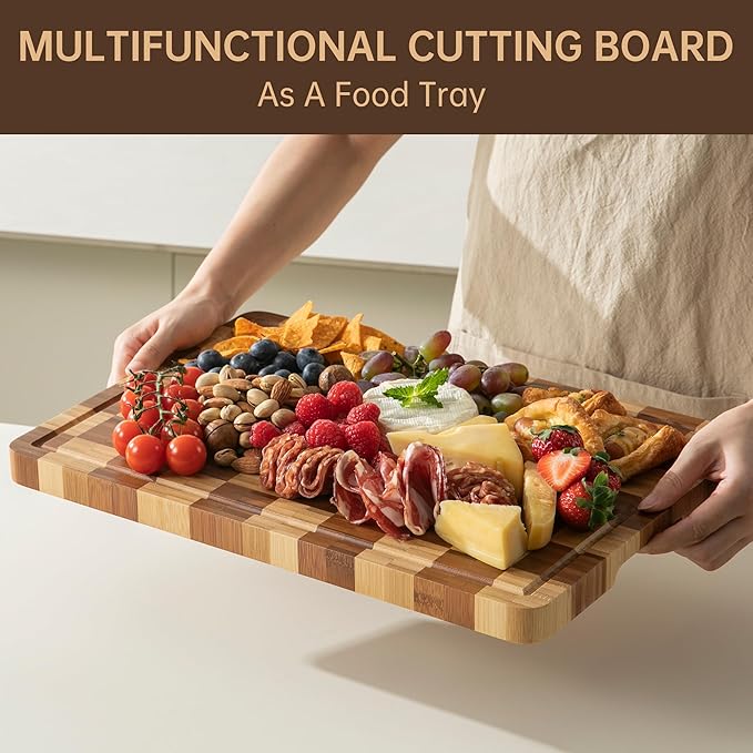 Bamboo Cutting Boards for Kitchen, End Grain Wood Cutting Board with Juice Grooves & Handles, Charcuterie Checkered Chopping Board Thick Butcher Block Serving Tray with Gift Box, 16.5"×11.6"× 1"