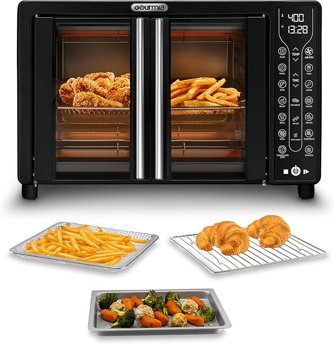 Gourmia French Door Air Fryer – 25 Qt Large Capacity Convection Oven, Fryforce 360°, Digital Display with 17 Cooking Presets, Bake, Toast, Roast, Dehydrate, Fits 12” Pizza