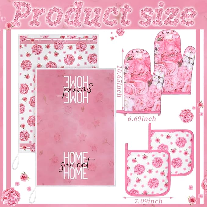 Leinuosen 8 Pcs Pink Rose Kitchen Towels and Dishcloths Sets Oven Mitts and Pot Holders Sets Absorbent Kitchen Gloves Potholders Heat Resistant for Chef Baking Cooking