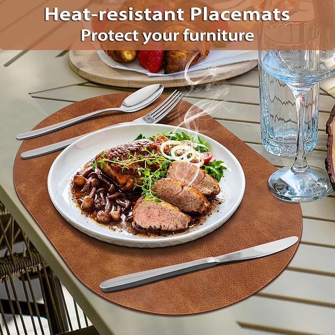 ADRIMER Placemats, Heat Resistant Oval Placemats Set of 4 Washable 12 x 17 Inch, Waterproof Table Mats, Wipeable Pu Place Mats for Kitchen, Dining Room, Turmeric Brown