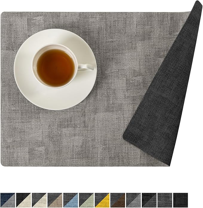 Romanstile Vinyl Placemats Set of 4-17" x 12", Reversible Waterproof Washable Non Slip Table Mats, Faux Leather Heat Resistant Wipeable Table Placemats for Dining/Party/Indoor/Outdoor, Grey-Light Grey