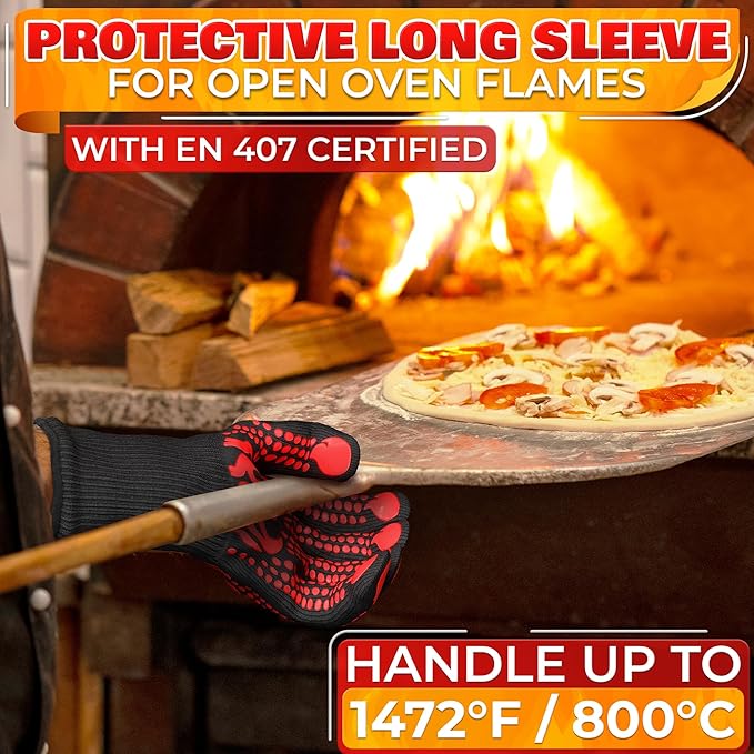 BBQ Gloves - 1472 °F 6 Sec. Heat Resistant Gloves for Cooking Made of Aramid Fabric with Anti-Slip Silicone, Double-Layer Insulation, and Elastic Band - for Grilling, Baking and Kitchen Use