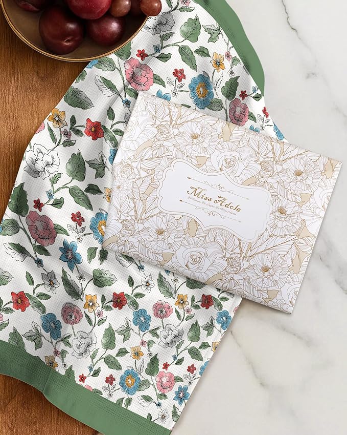 Miss Adola 2pcs Waffle Kitchen Towels - 16x26 Inch Cotton Waffle Weave Dish Cloths Set of 2 with Hanging Loop Absorbent Hand Tea Towels Elegant Design for Housewarming Gift, Vibrant Botanical