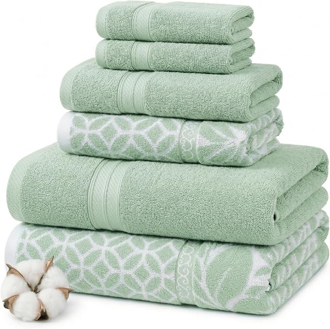 Modern Threads Botanical Vine 6-Piece 100% Cotton Towel Set – Reversible Yarn Dyed Jacquard – Includes 2 Bath Towels, 2 Hand Towels, 2 Washcloths – Absorbent, Quick Dry, Soft & Durable – Sage Green