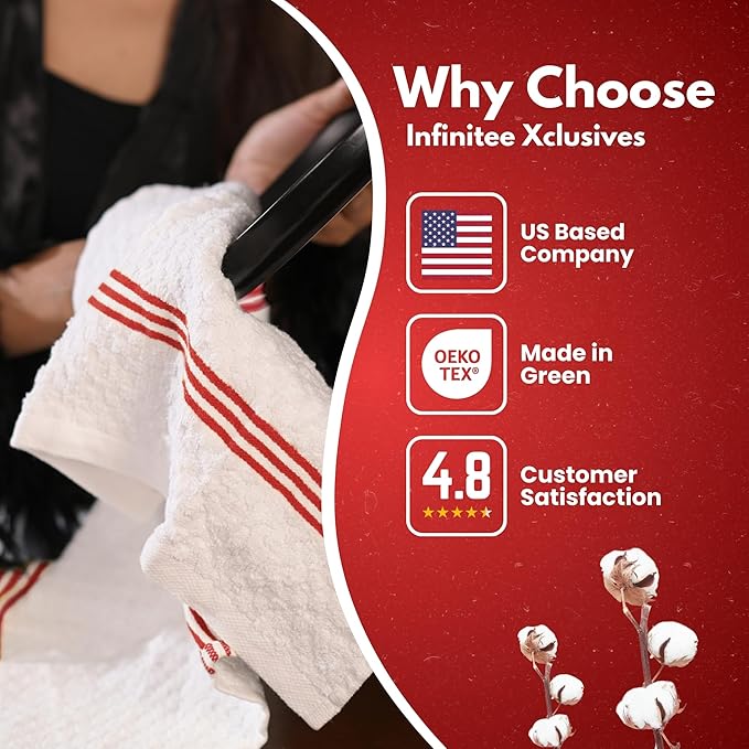 Infinitee Xclusives Premium Dish Cloth 100% Cotton 12 x 12 Inches |Pack of 4| - Ultra Soft Tea Towels - Highly Absorbent Kitchen Rags - Terry Dishcloth for Kitchen and Household Cleaning |Red|