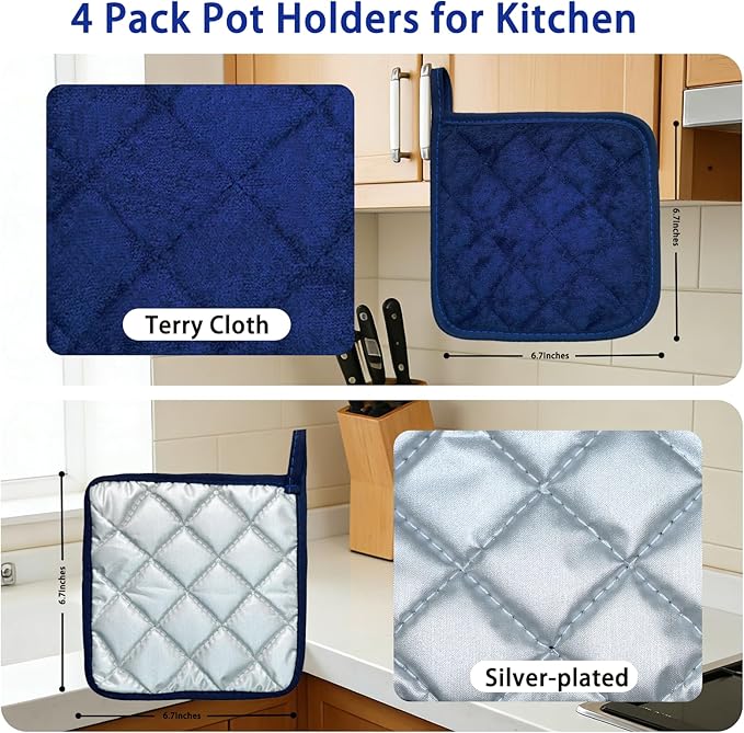 4 Pack Pot Holders for Kitchen Clearance Oven Potholders Sets for Kitchens Hot Pads for Kitchen Countertops Heat Resistant Blue