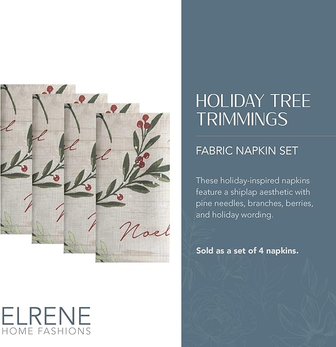 Elrene Home Fashions Holiday Tree Trimmings Fabric Napkins, Set of 4, 17 Inches x 17 Inches