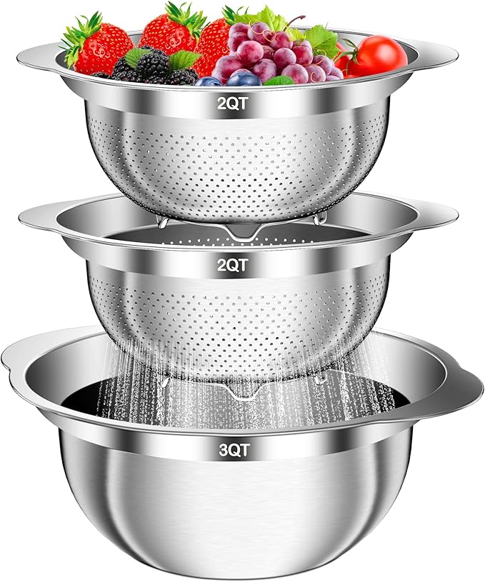 Stainless Steel Colander, 3Pcs Strainer for Kitchen Food with Handle Kitchen Gadget Food Strainer Basket for Washing Vegetables, Fruits, Rice, and Pasta, (2+2QT Colander + 3QT Mixing Bowl)