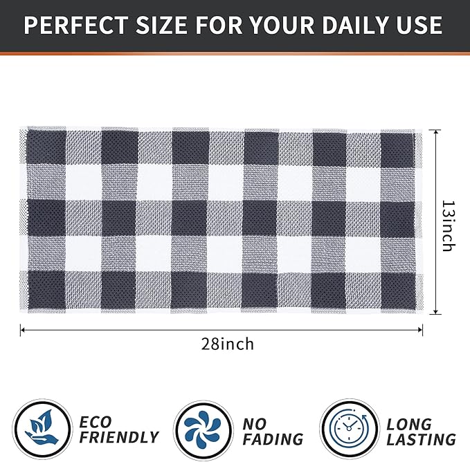 Mordimy 100% Cotton Waffle Weave Kitchen Towels, 13 x 28 Inches, Super Soft and Absorbent Buffalo Check Dish Towels for Drying Dishes, 4-Pack, White & Dark Grey