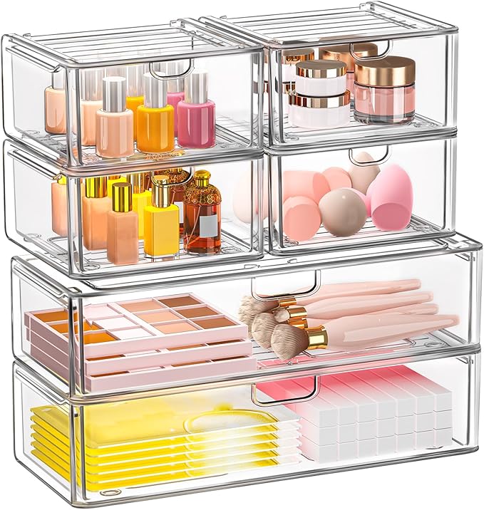caktraie Acrylic Storage Drawers Set of 6, Clear Makeup Organizer, Plastic Organizer Bins for Beauty Supplies,Ideal for Vanity, Bathroom,Cabinet,Pantry Organization