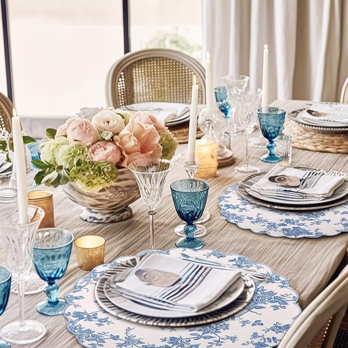 Set of 6 Round Placemats 15 Inch Cotton Scalloped Embroidery Placemat Washable Double Layered Rustic Dinner Table Mat Decor Fabric for Hotel Restaurant Kitchen(Floral/Blue,Classic)