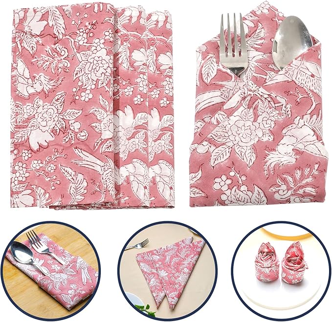 CPC Pink Coral Indian Block Print Cotton Cloth Napkins Set of 4, 18x18 Reusable Everyday Napkins, Soft, Absorbent, Floral Dinner Napkin, Holiday, Party Gift, Spring,Mother's Day