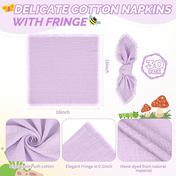 Showgeous 30 Pack Lavender Cloth Napkins with Fringe 16x16 inch 100% Cotton Purple Napkins Handmade Dinner Napkins Bulk Washable Soft Rustic Table Napkins for Wedding Parties Bridal Baby Shower