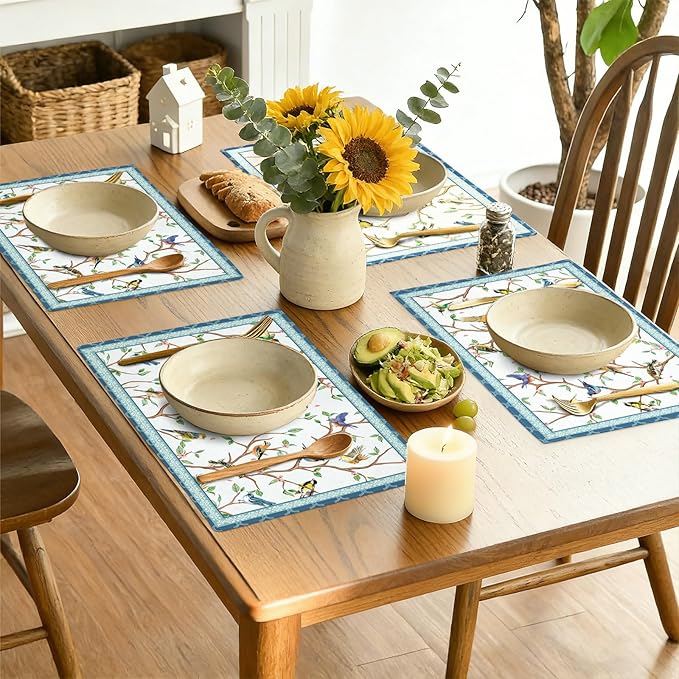 comfoyar Blue Bird Placemats Set of 4, 12x18 Inch Non-Slip Linen Spring Flower Place Mats, Washable Absorbent Table Mats for Kitchen Dining Party Table Decoration