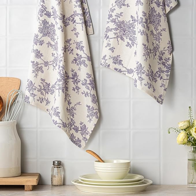 100% Cotton French Pastoral Kitchen Towels Set of 2, Decorative Flour Sack Tea Towels with Hanging Loop 18x25 Inch Absorbent Dish Cloths Farmhouse Home Decor, Purple