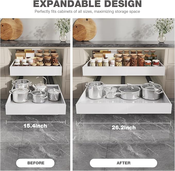 Seinloes 2 Pack Pull Out Cabinet Organizer 18" Deep,Full Extension 3 Slide Rails Slide Out Drawers With Raising Pad for Framed Cabinets,Expandable Width (15.4"-26.2"),No Drill Roll Out shelf,White