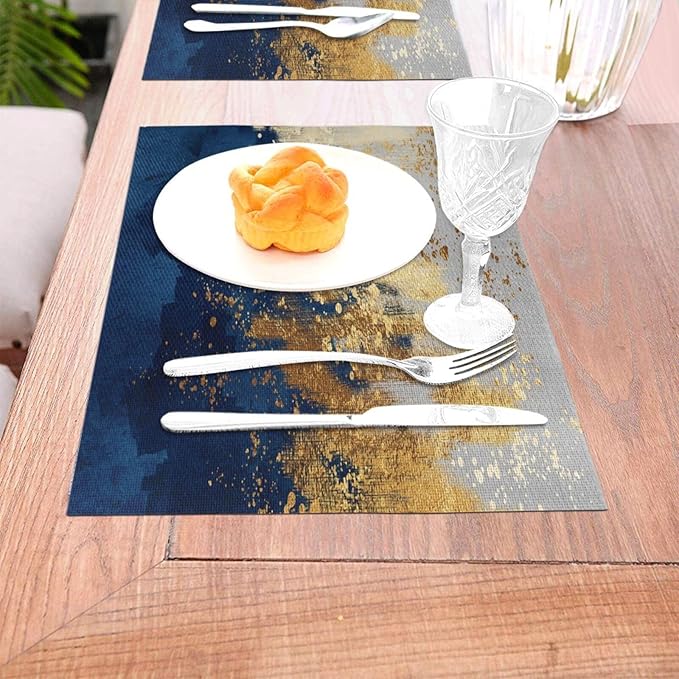 Navy Blue and Gold Splash Patterned Linen Placemats Set of 4, Washable Non-Slip Heat-Resistant Luxury Abstract Blue Gold Table Mats for Kitchen Dining Table Home Party Wedding Farmhouse, Home Decor
