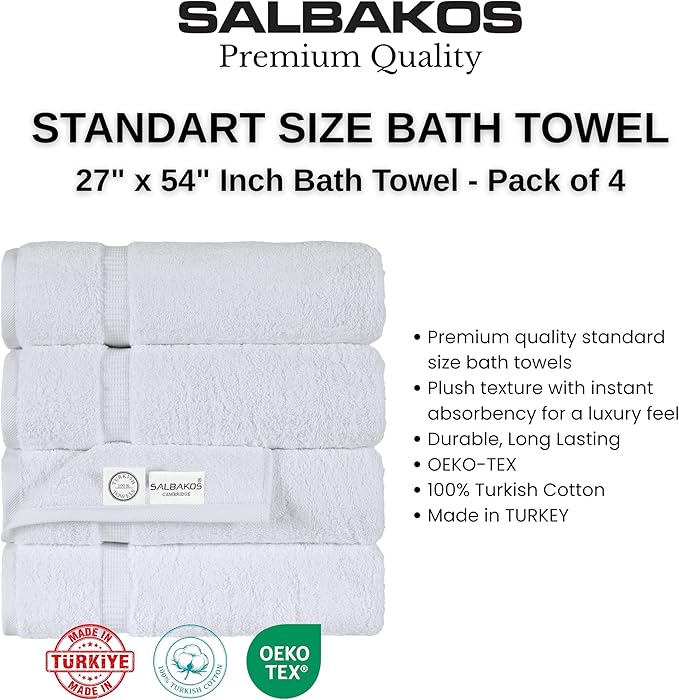 SALBAKOS 100% Turkish Cotton Bath Towels | 4 Piece Turkish Bath Towels White 27x54 Standard Size | Premium Hotel Quality, Super Absorbent, Thick, Plush Turkish Towel - Made in Turkey (White Pack of 4)