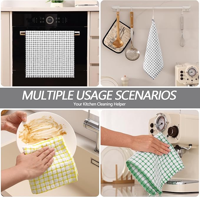 Homaxy Kitchen Towels and Dishcloths Set, 16 x 25 and 12 x 12 Inches, Set of 8 Cotton Terry Kitchen Dish Towels, Super Soft and Absorbent Dish Cloths, Black/Grey/Yellow/Green