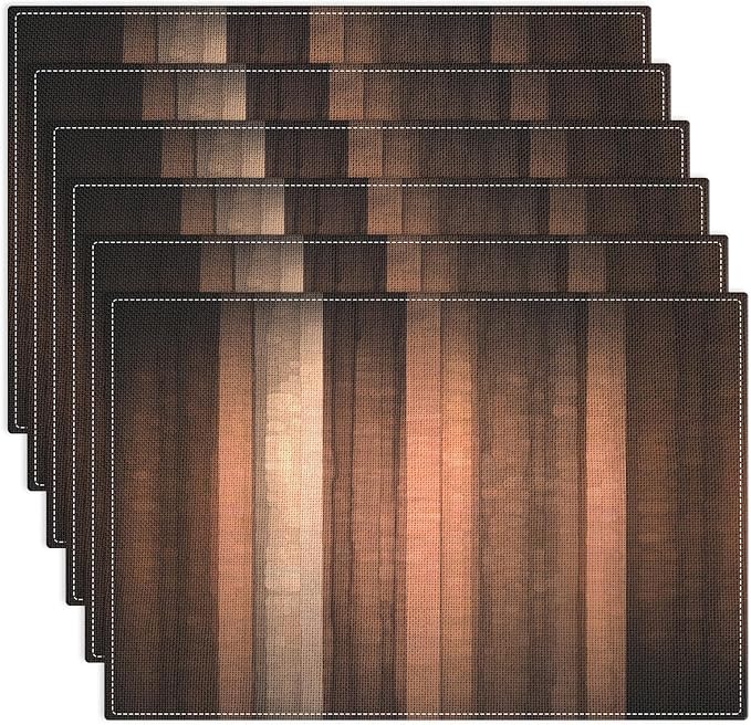 Emvency Farmhouse Placemats Set of 6, Striped Rustic Farmhouse Brown Abstract 12x18 Inch Linen Rectangular Place Copper Peach Table Mats for Indoors & Outdoor Home Party Kitchen Dining Decoration