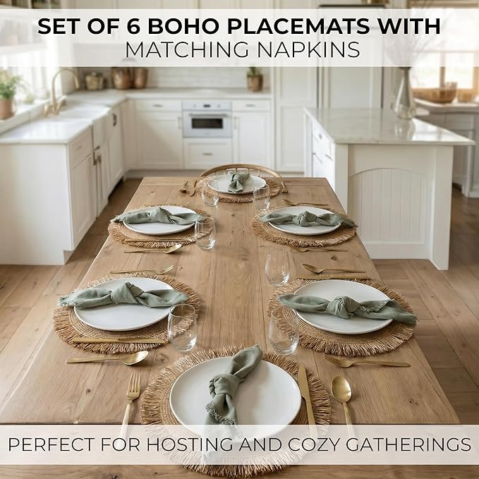 Decorative Boho Table Placemats Set of 6 with Matching Linen-Textured Napkins - Beautiful Natural Decor Elevates Your Dining Room or Kitchen Setting - Easy to Style & Mix with Linen Inspired Material