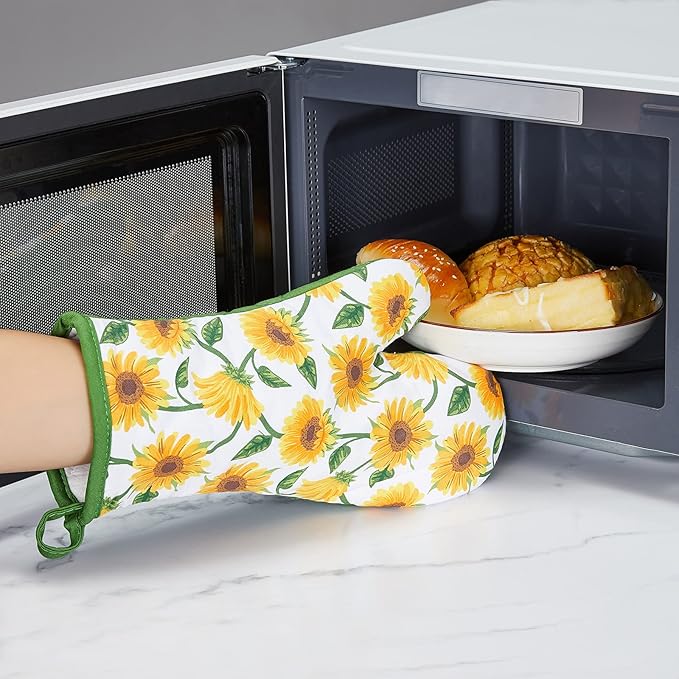 Oven Mitts and Potholders Dish Towles Set 100% Cotton for Perfect for Gifting, Baking, and Everyday Cooking Durable Heat Resistant for Kitchen and Machine Washable (3-Piece Sunflower)