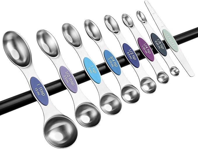 Spring Chef Stainless Steel Magnetic Measuring Spoons Set of 8 with Leveler, Dual Sided Metal Teaspoon & Tablespoon Measuring Spoons, Nesting Kitchen Gadgets for Baking & Cooking - Winter Frost