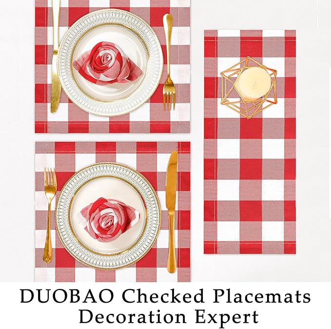 DUOBAO 4 Pack Buffalo Plaid Placemats 12x18 Inch:Checkered Table Mats for Holiday, Weddings & Farmhouse Decor (Red and White Textured Kitchen Accessories)