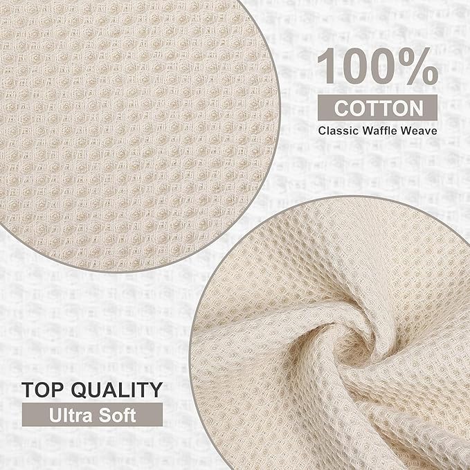 Kitinjoy 100% Cotton Kitchen Dish Cloths (12 X 12 Inches, Beige), 12 Pack Waffle Weave Ultra Soft Absorbent Dish Towels for Drying Dishes Quick Drying Kitchen Towels Dish Rags