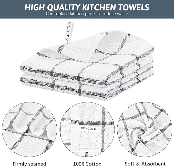 Nialnant Cotton Terry Dish Cloths,8 Pack Dish Rags for Washing Dishes,Super Soft and Absorbent Cleaning Rags - Grey Plaid