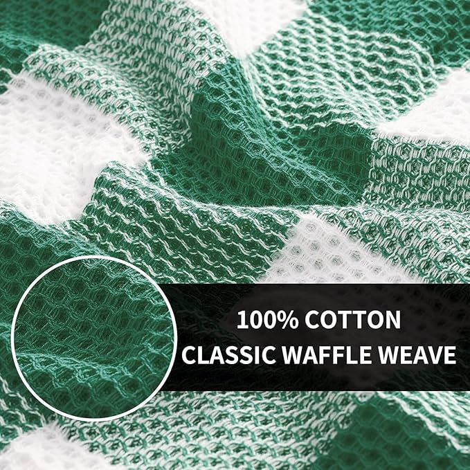 Homaxy 100% Cotton Waffle Weave Check Plaid Dish Cloths, 12 x 12 Inches, Super Soft and Absorbent Dish Towels Quick Drying Dish Rags, 6-Pack, White & Dark Green