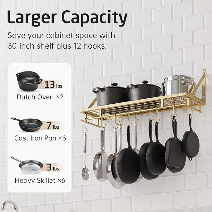 KES 30-Inch Gold Pot Rack, Wall Mounted Hanging Pot and Pan Organizer with 12 Sturdy Hooks, Elegant Modern Kitchen Wall Hanger Shelves, KUR215S75A-GD