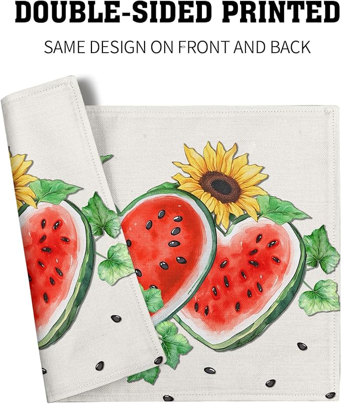 Summer Watermelon Placemat Set of 4，Sunflowers Table Mats Non Slip Heat-Resistant Washable Table Place Mats for Kitchen Dining Table Home Decoration 12 x 18 Inch
