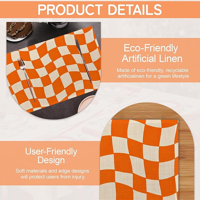 Abstract Orange Plaid Placemats Set of 6,Washable Kitchen Dining Linen Table Mats for Home Party Dinner Indoor Outdoor 12x18Inch