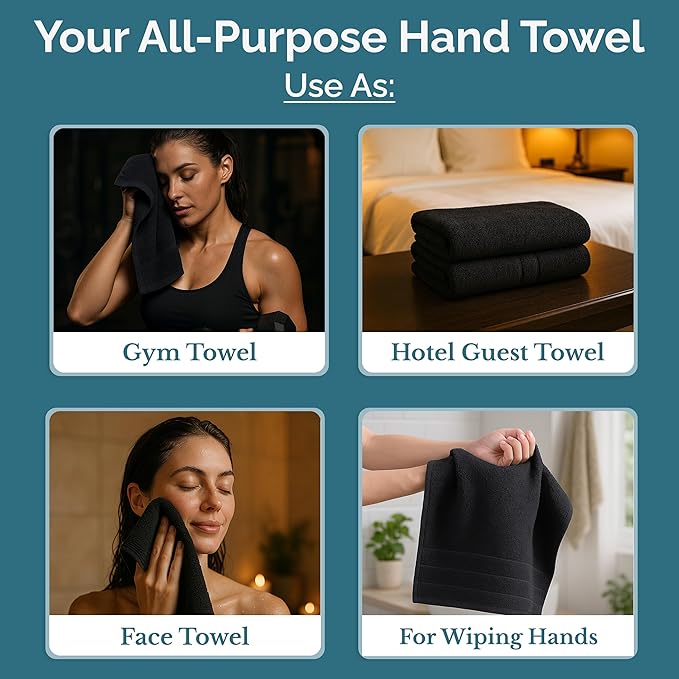 Black Hand Towels for Bathroom - 6 Pack (16"x28"), 100% Ringspun Cotton Hand & Face Towel - Soft, Prevent Fraying, Fade and Shrink Resistant - Daily Use Gym Towels for Men & Family Bathroom Hand Towel