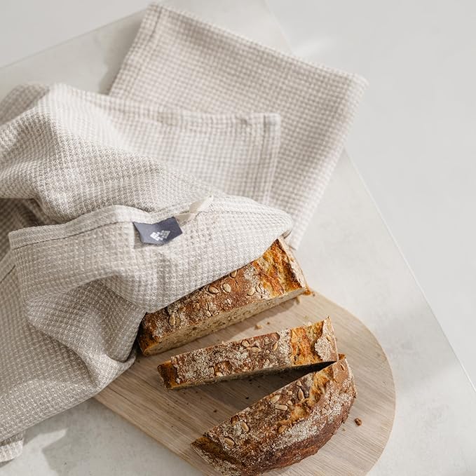 European Flax Linen Kitchen Towels Set of 2 - Handcrafted Stonewashed Waffle Weave Dish Towels, Quick Dry Absorbent Hand Towels for Bathroom & Kitchen