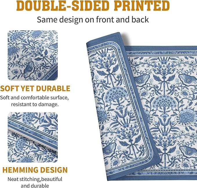 Blue Floral Boho Placemats Set of 4, 12x18 Inch Vintage Chinoiserie Block Print Place Mats Seasonal Spring Summer Rustic Farmhouse Table Mats for Party Kitchen Dining Outdoor Indoor Decor
