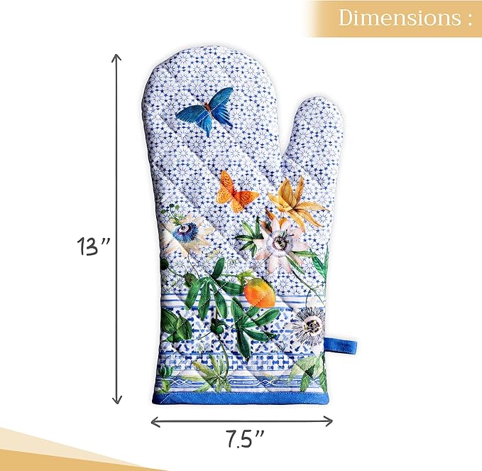 Maison d'Hermine Oven Gloves 100% Cotton Oven Mitt 7" x 13" with Loop Heat Resistant BBQ Cooking Gloves Baking Grilling Gifts for Mothers Day Spring/Summer (Pack of 1, Passiflora)
