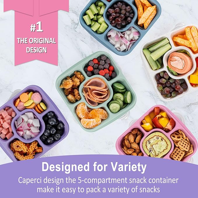 Caperci 5-Pack Lunchable Container Set for Kids & Adults - Reusable Bento Snack Box Containers with 5-Compartment for Food Storage & Meal Prep, Wheat Straw, BPA-Free (Dark & Clear Lids)