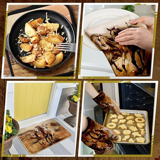 Fourluoo 10 Pcs Western Cowboy Kitchen Decor Oven Mitts and Pot Holders Set Western Cowboy Kitchen Accessories Vintage Dish Towels Farmhouse Rugs and Mats for Home Cooking Baking Housewarming Gifts