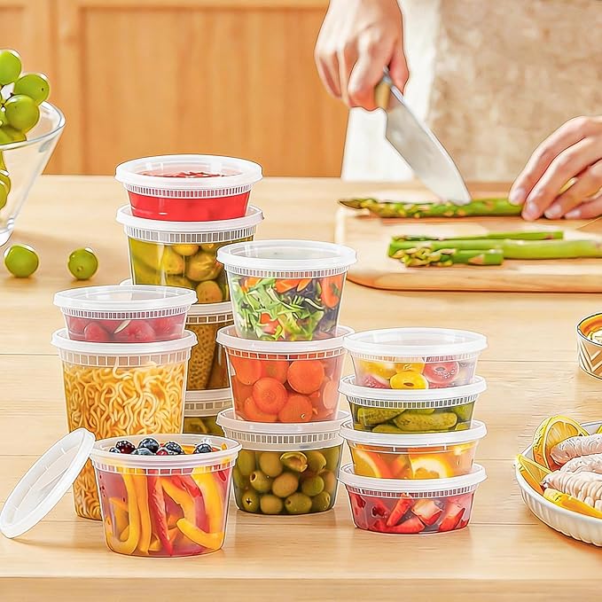 BYSNOW 60 Sets Deli Containers with Lids, 32/16/8 oz X 20 Set Each, Leak-Proof & BPA Free Airtight Takeout Plastic Food Storage Containers for Soup, Freezer/Microwave/Dishwasher Safe