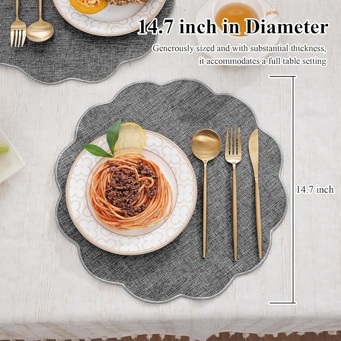 SHACOS Scalloped Round Placemats Set of 6 Polyester Linen Blend 15 inch Washable Non Slip Place Mats Easy Clean Heat Resistant Table Mats for Kitchen Dining Table Decor, Grey