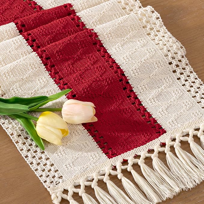 Socomi Boho Table Runner Easter Spring Farmhouse Rustic Dining Kitchen Centerpiece Decor Small Macrame Woven Cotton Linen Coffee Table Runner for Dresser Scarf Home Decor 12x36 in Red Ivory
